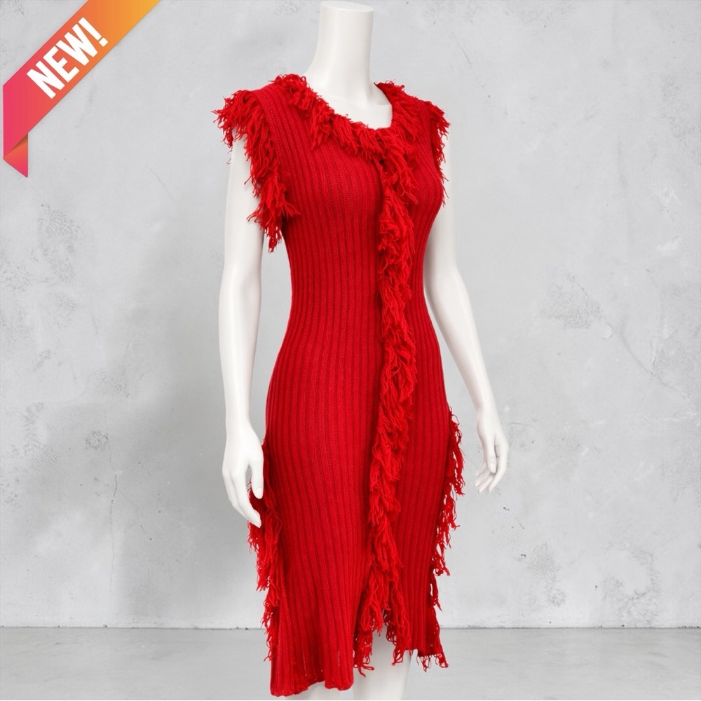NEW Double Take Red Knit Sleeveless Fringe Sweater Dress
